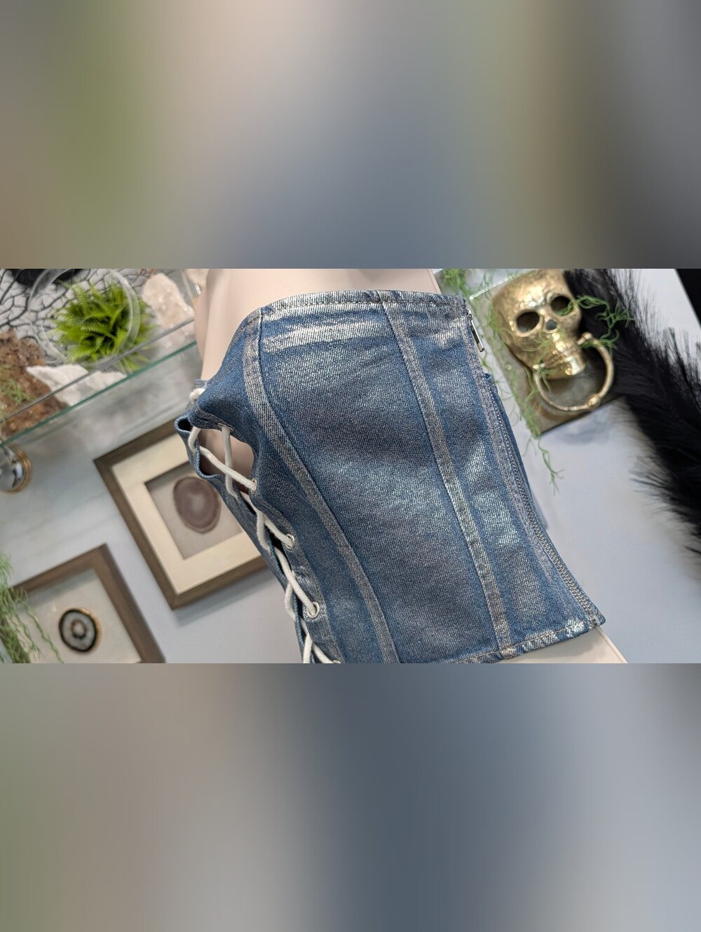 Monkl Shimmer Denim Jean Tube Crop Top MD NWT - Picture 4 of 9